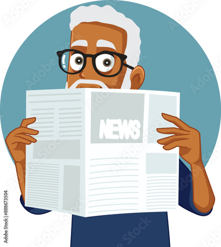 Senior Man Reading a Newspaper Vector Cartoon illustration. Mature granddad checking news information the traditional way
