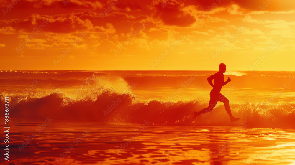 Fototapeta premium Silhouette of a man running on a beach at sunset . Men's Health.