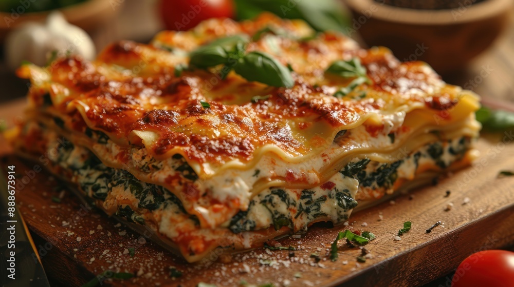Spinach and ricotta lasagna on wooden cutting board Spinach and ricotta lasagna on wooden cutting board