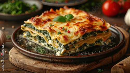 Fototapeta Naklejka Na Ścianę i Meble -  Spinach and Ricotta Lasagna with Melted Cheese