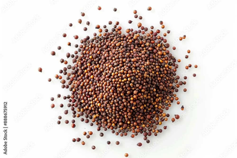 Mustard seeds piled up on white background seen from above Mustard seeds piled up on white background seen from above
