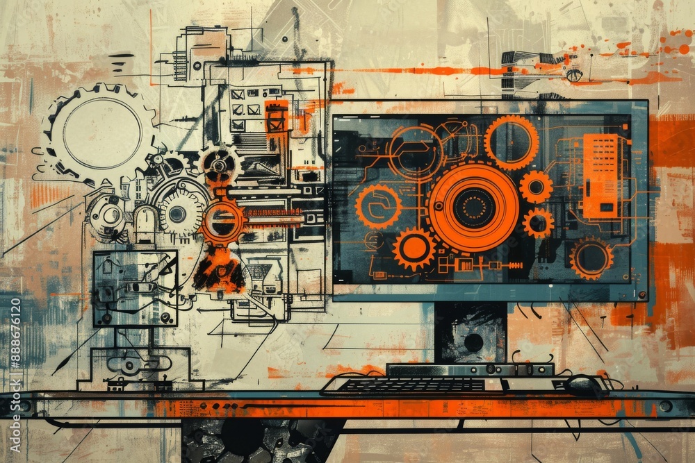 Illustrative Guide to Programming Concepts: A Stylized Doodle Art Featuring Gears and Wheels in a Mechanical Symphony. Illustrative Guide to Programming Concepts: A Stylized Doodle Art Featuring Gears and Wheels in a Mechanical Symphony.