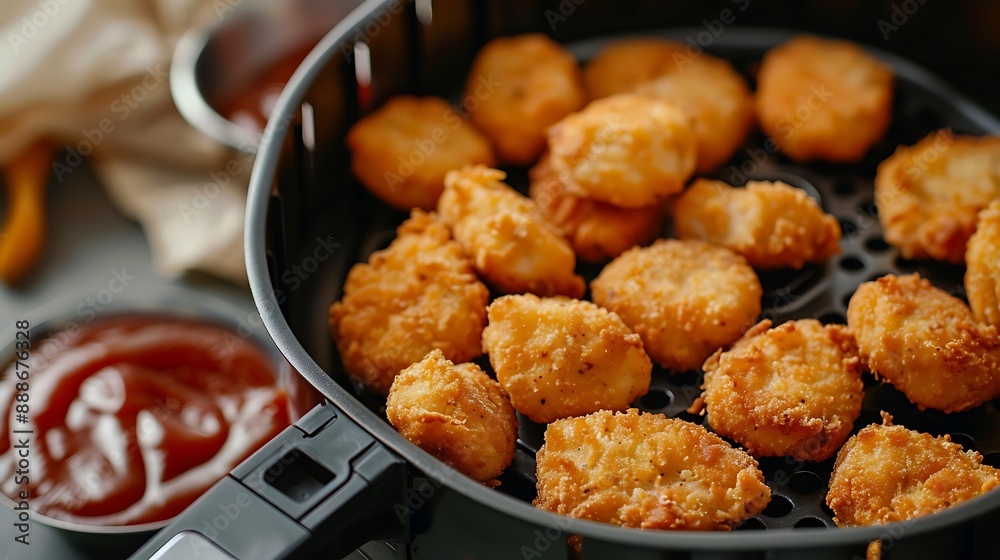 A dish of chicken nuggets and a black air fryer