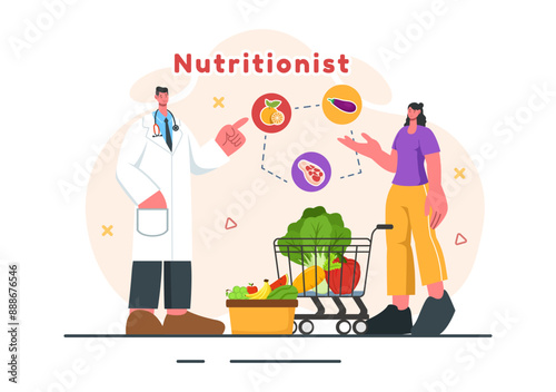 Vector Illustration of a Nutritionist Conducting a Nutritional Examination of Food, including Dietary Supplements, such as Fresh Fruits and Vegetables