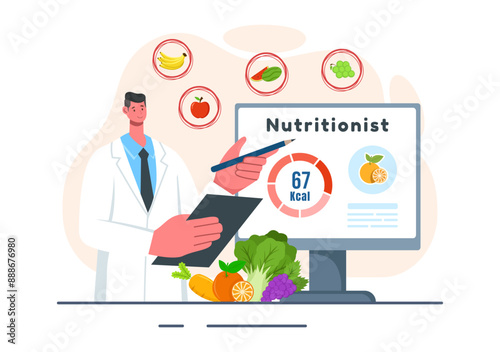 Vector Illustration of a Nutritionist Conducting a Nutritional Examination of Food, including Dietary Supplements, such as Fresh Fruits and Vegetables