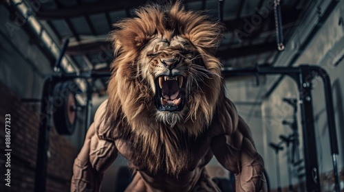 A strong male lion roars in the gym. bodybuilding concept photo