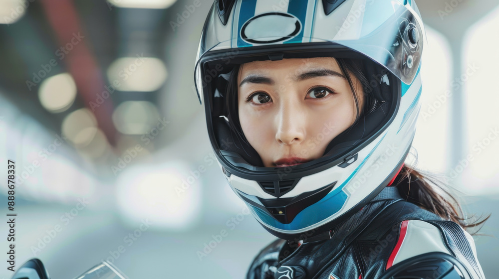 Asian female racer wearing a full-face helmet close-up face. Asian female racer wearing a full-face helmet close-up face.