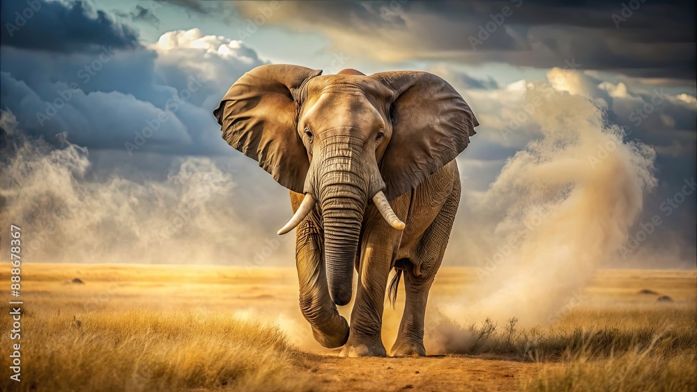 Fototapeta premium Charging elephant with raised trunk in dusty savannah , wildlife, powerful, strength, aggression, African safari, dust