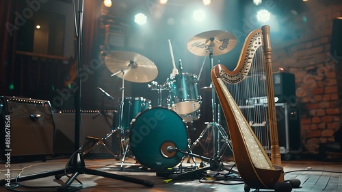 A drum kit and harp amp are placed behind the electric guitar on stage