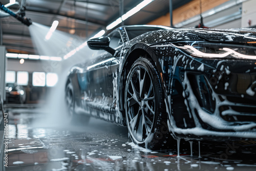 black car in wash service. A man washes off the foam from black car with water from a pressurized hose