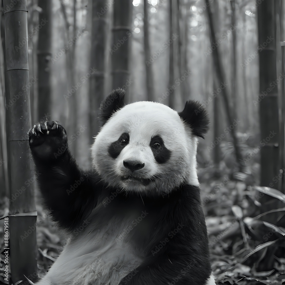 Fototapeta premium panda bear sitting on its hind legs in a bamboo forest
