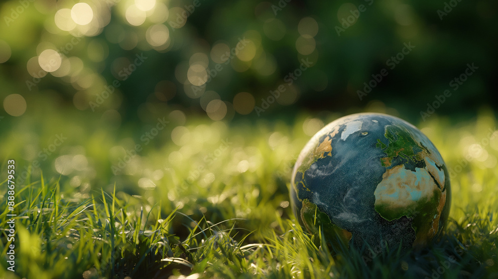 Realistic globe in green grass with bokeh background Realistic globe in green grass with bokeh background