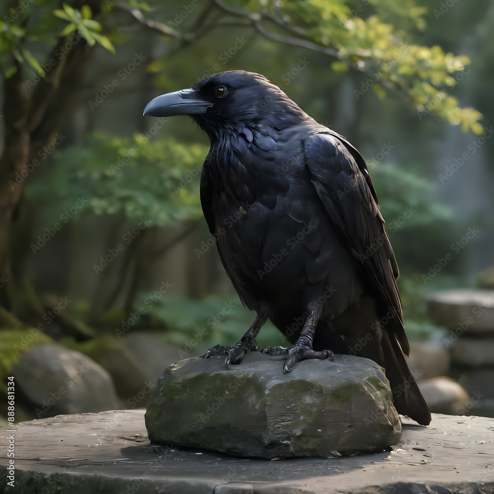 Fototapeta premium a black bird sitting on a rock in the woods