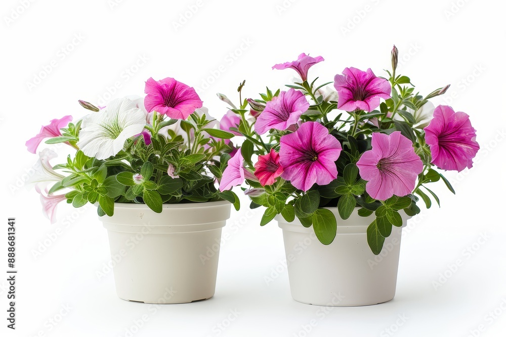 Petunia in pots blooming on white background Petunia in pots blooming on white background