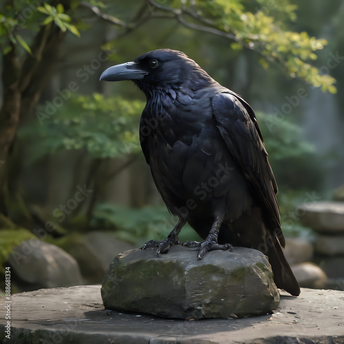 a black bird sitting on a rock in the woods