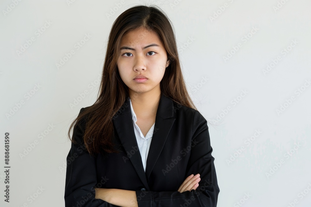 Photo of upset Asian office woman standing against white background Photo of upset Asian office woman standing against white background