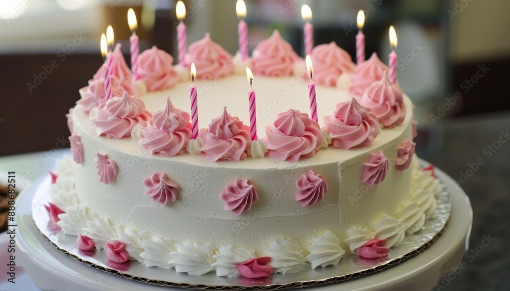 Pink drip icing and birthday candles with space for writing on the side on a birthday cake Pink drip icing and birthday candles with space for writing on the side on a birthday cake