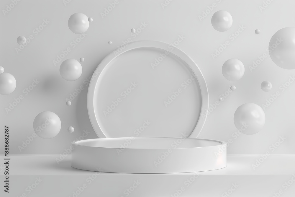 White round podium for cosmetic products mockup on white background with flying circles decoration Ideal for showcasing products gifts goods advertising design sa White round podium for cosmetic products mockup on white background with flying circles decoration Ideal for showcasing products gifts goods advertising design sa