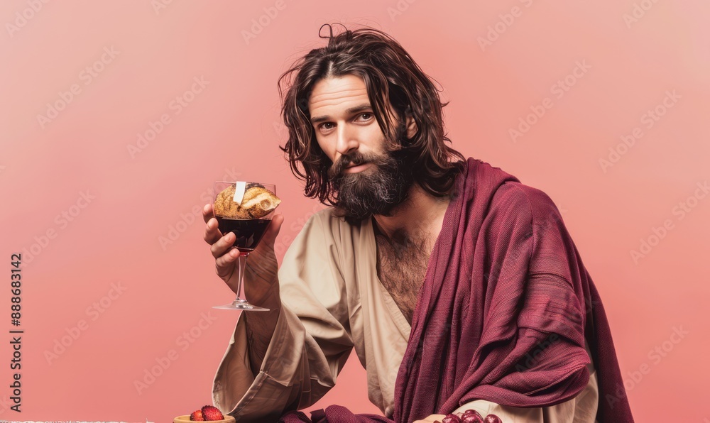 Man with Long Hair and Beard Holding a Glass of Wine Man with Long Hair and Beard Holding a Glass of Wine