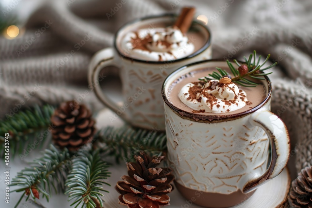 Winter hot chocolate with fir branches on garland background Winter hot chocolate with fir branches on garland background