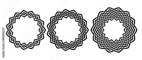 Retro knot circle frame set. Black celtic round border collection. Braid and rope ornament and motif pattern for banner, poster, frame. Circular design elements bundle. Vector pack