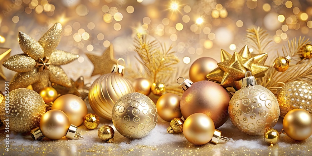 Festive Christmas composition with shimmering gold elements, Christmas, gold, holiday, decorations, ornaments, glitter Festive Christmas composition with shimmering gold elements, Christmas, gold, holiday, decorations, ornaments, glitter