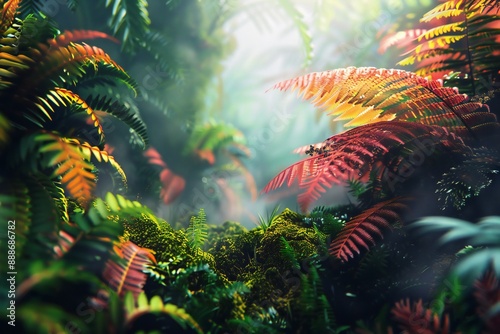 Close up of bright mystical tropical forest , moss and fog, genetated by ai photo