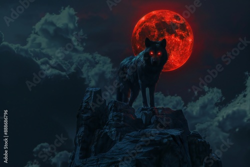 Fenrir with glowing eyes and dark fur standing on a rocky cliff, with a blood-red moon and ominous clouds , genetated by ai