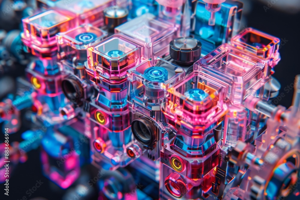 Fototapeta premium Futuristic digital artwork with neonlit geometric shapes vibrant colors dynamic and imaginative design modern and striking visual impact ethereal and lively atmosphere