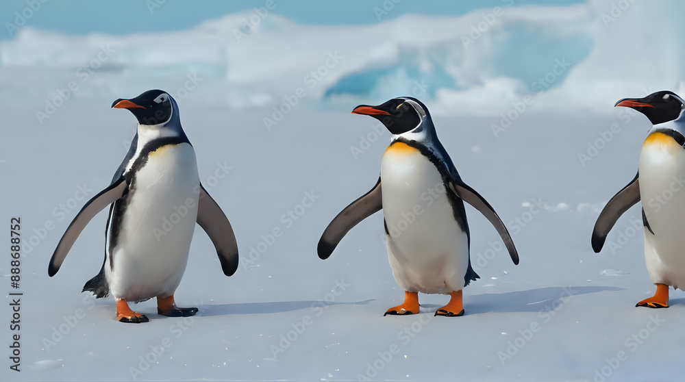 Obraz premium three penguins walking in the snow with their beaks open