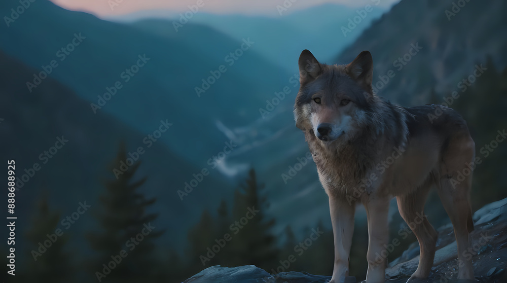 Obraz premium a wolf standing on a rock in the mountains