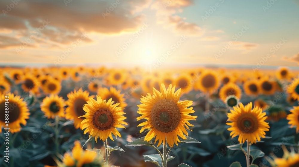 Fototapeta premium Sunflowers Blooming Under Golden Sunset