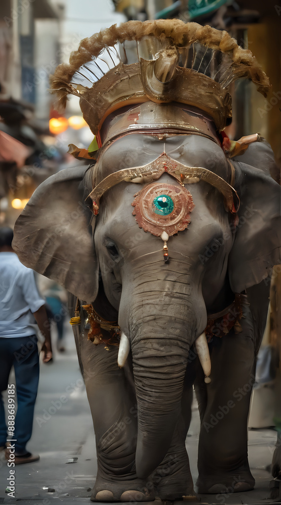 a elephant with a headdress on walking down the street a elephant with a headdress on walking down the street