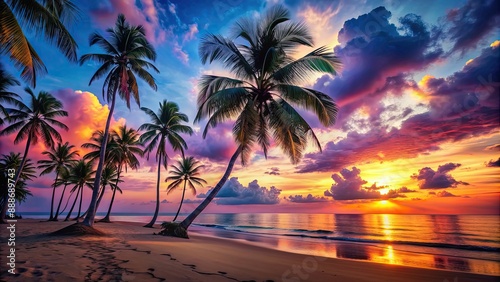 Surreal beach sunset with vibrant colors and palm trees, surreal, beach, sunset, palm trees, vibrant, tropical, colorful, picturesque