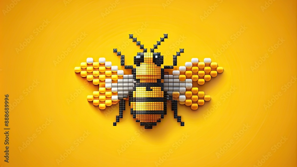 Obraz premium Pixel art bee on a bright yellow background, pixel art, bee, insect, cute, colorful,digital, small, wings, stripes, background