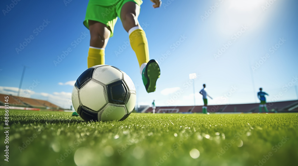 Obraz premium Soccer football close up to ball, a soccor player kicking the ball on a soccer field with Stadium background