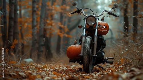 A pumpkin motorbike for fall in the forest