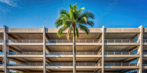 Multi-story parking structure with a coconut tree on top during warm months , parking garage, multiple levels