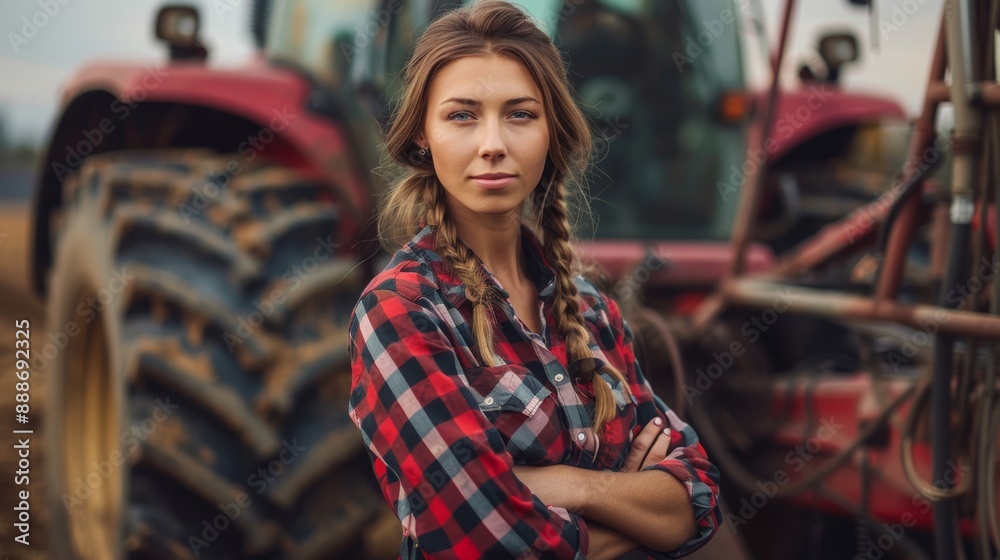 Confident and attractive female farmer standing in front of agricultural machinery Confident and attractive female farmer standing in front of agricultural machinery