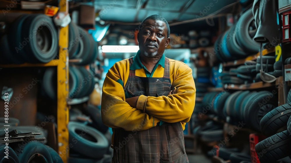 A man standing in a tire shop. A man standing in a tire shop.