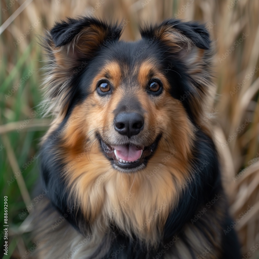 Charming mixed-breed dog posing outdoors with a happy and attentive expression, surrounded by natural scenery.