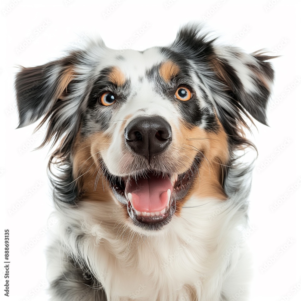 Close-up of an Australian Shepherd with a happy expression, showcasing its beautiful markings and joyful eyes on a white background. Close-up of an Australian Shepherd with a happy expression, showcasing its beautiful markings and joyful eyes on a white background.