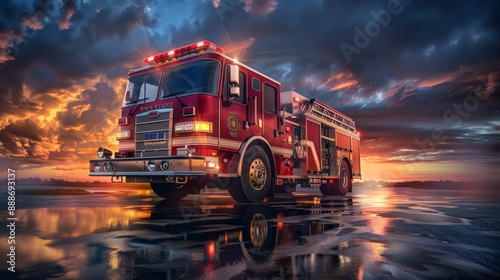 red fire truck emergency vehicle Fire truck with ladder fire extinguishing equipment and water to save lives, put out forest fires, and help with car crashes.