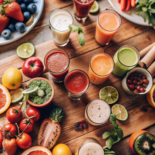 Vibrant still life of fresh juices and ingredients on a wooden table photo