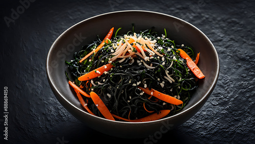 seaweed salad vibrant greens rustic bowl arugula garnish shredded carrots sesame seeds sprinkle. ai