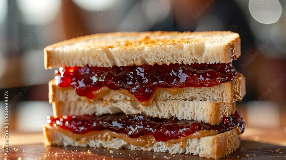 A sandwich with jam and peanut butter