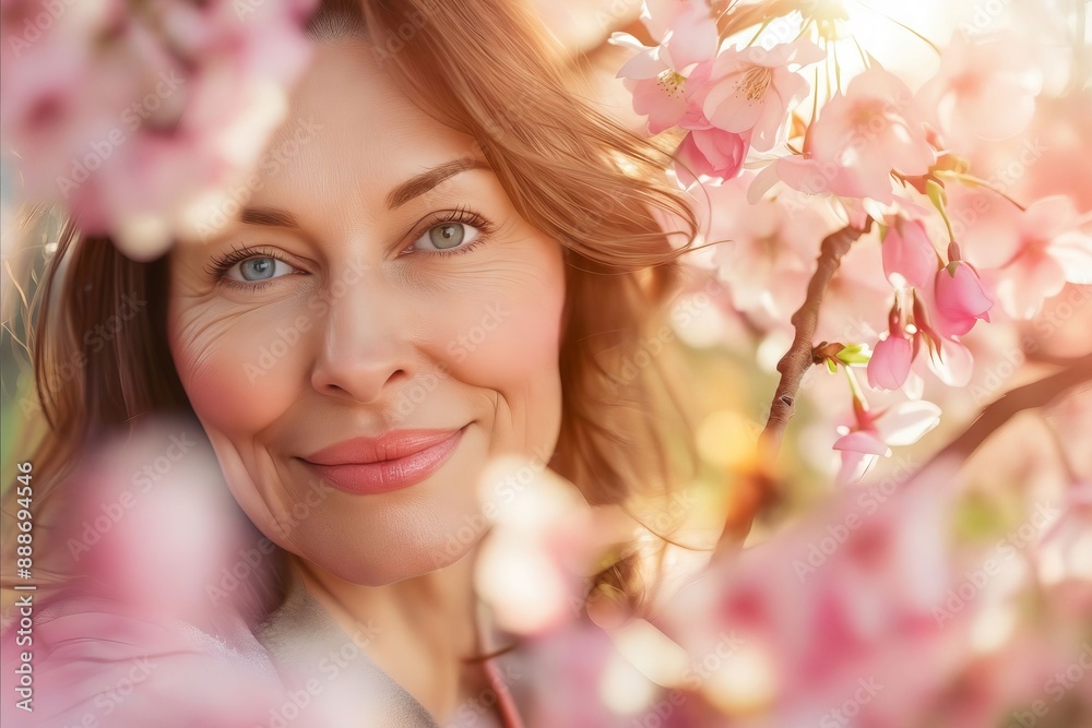 A woman in pink flowers smiling.