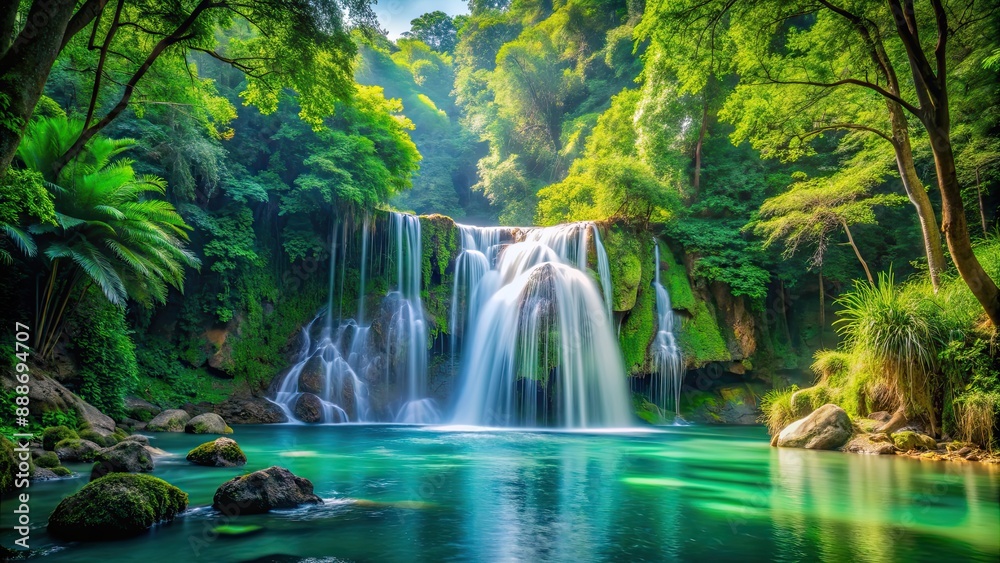 Lush green forest with a powerful waterfall cascading into natural water sources, waterfall, lush, green, forest, natural Lush green forest with a powerful waterfall cascading into natural water sources, waterfall, lush, green, forest, natural