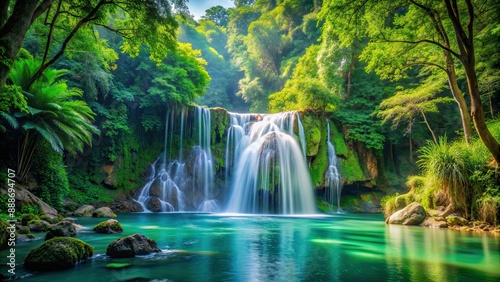 Lush green forest with a powerful waterfall cascading into natural water sources, waterfall, lush, green, forest, natural