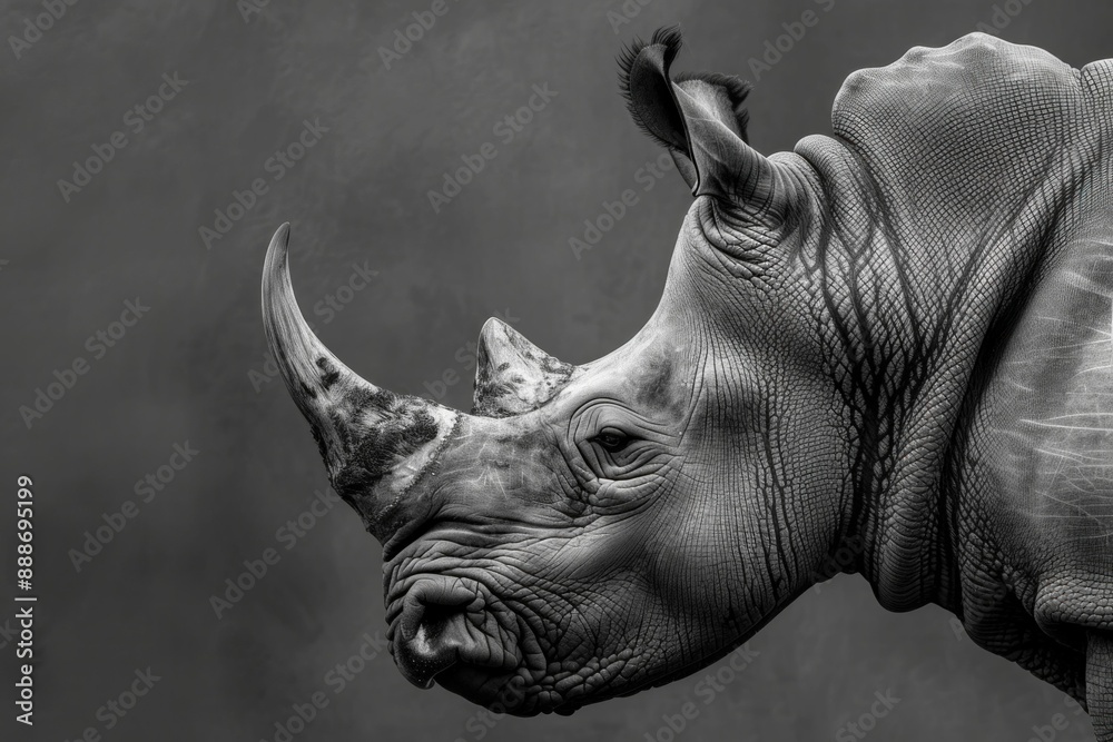 Majestic Black and White Rhinoceros Portrait on a Gray Background, Wildlife Photography for Nature Enthusiasts Majestic Black and White Rhinoceros Portrait on a Gray Background, Wildlife Photography for Nature Enthusiasts